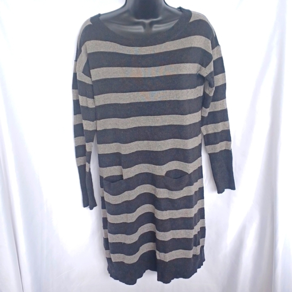 J Crew Black & Gray Striped Sweater Dress, lightweight, wool blend